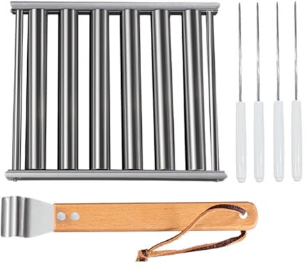 Lidzopas Hot Dog Grillrolle, Hotdog Rollergrill mit 4 Spießen, Edelstahlgestell, rutschfester Massivholzgriff, moderner quadratischer abnehmbarer Hotdog-Rollergrill für Grill, klein