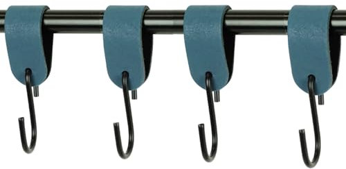Handles and More - 4 x S Haken für Kleiderstangen - Petrol - Größe M - für max. Durchmesser 38mm - Kleiderhaken mit Lederschlaufe - Garderobenhaken aus echtem Leder - Fleischerhaken für Garderobe