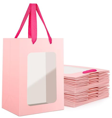 EUSOAR Sacchetti Carta con Finestra Trasparente - 20 Pezzi 18x13x25 cm Buste Regalo Piccoli con Manici - Sacchetti Rosa Carta - Pink Gift Bags - 210 GSM Sacchetti Cartone Kraft Compleanno
