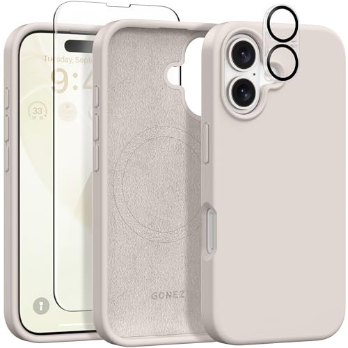 GONEZ Magnetic for iPhone 16 Case, [Compatible with Magsafe] [Screen Protector + Camera Lens Protector], Liquid Silicone Shockproof Protective Phone Case for iPhone 16 6.1, Stone
