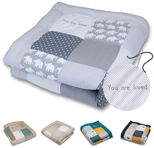 ULLENBOOM Krabbeldecke für Baby mit Personalisierung, 100% OEKO-TEX Materialien, Graue Elefanten 120x120 cm - Babydecke mit Namen und Datum, ideal als Spieldecke und Geschenk zur Geburt