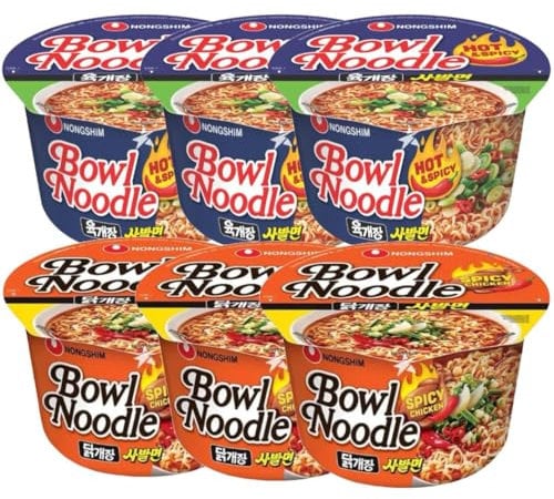 Starry Mart NS Korean Instant Bowl Noodles Soup (Pack of 6) - Hot and Spicy x 3 & Spicy Chicken x 3