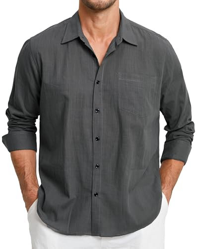 HISDERN Men's Linen Shirts Long Sleeve Button Up Regular Lightweight Summer Beach Shirt with Pocket Dark Grey L