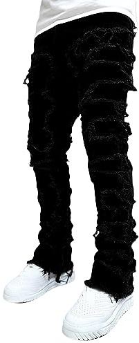 SANSIWU Stretch Fit Skinny Stacked Ripped Destroyed Y2K Patch Jeans for Men Hip Hop Streetwear (A-Black, XXL)