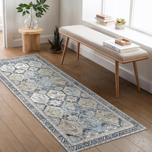 BEIMO Läufer Flur 80x300cm, Vintage Waschbarer Teppich Blumenblau | Boho Orientalisch Wohnzimmerteppich, Weicher Kurzflor Klein Carpet mit Rutschfester für Eingang, Bettvorleger Schlafzimmer