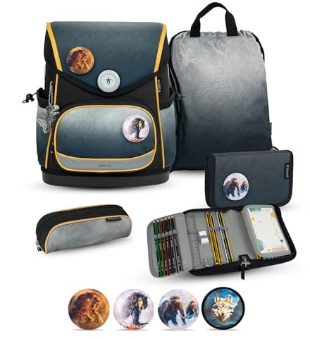 Belmil Premium Compact Plus ergonomisches Schulranzen Set 5 - teilig, AGR, Brustgurt, Hüftgurt, Magnetverschluss (405-41/P/S) (Black Grey 2)
