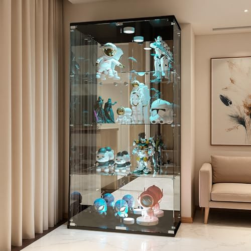 Glasvitrine Stehend, Glasvitrine Standvitrine, 4 Lagen Glas Vitrine Vitrinenschrank LED Beleuchtung, Vitrinenschrank mit 2 Türen, Vitrine mit Glas und Schloss, Schrank für Wohnzimmer Büro (Schwarz)