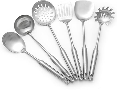 6 Pieces Cooking Utensils 304 Stainless Steel Kitchen Utensils Set,Dishwasher Safe,Ergonomic and comfortable serving Utensils, Soup Ladle Spoon Turner Skimmer set