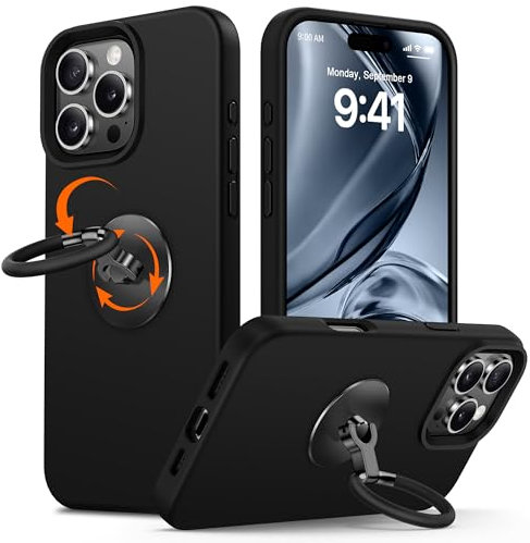 XYZ for iPhone 16 Pro Max Case With Stand, Rotatable Soft Liquid Silicone Ring Holder Kickstand, Anti-Scratch Shockproof Protective Phone Case Cover for iPhone 16 Pro Max 6.9 inch, Black
