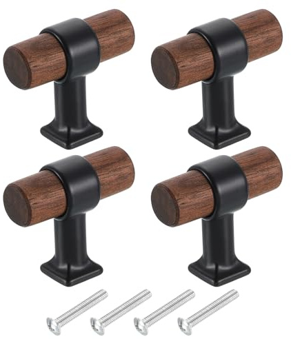 sourcing map 4Pcs T-Bar Wooden Drawer Pulls, 1.57 x 0.69 Wood Cabinet Pulls Single Hole Drawer Knobs with Black Base and Screws for Home Kitchen Room Closet Cupboard, Dark Walnut