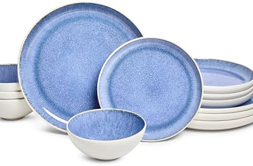 Sango Cove Geschirrset aus Steingut, 12-teilig, Teller & Schüssel-Set, Blau mit weiß gesprenkelter Unterglasur, für das tägliche Essen & Unterhaltung, mikrowellen- und spülmaschinenfest