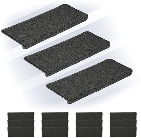 Relaxdays Alfombras para Escaleras, Set 15, Alfombrillas Escalones, Antideslizantes, 65x24cm, Autoadhesivas, Gris Oscuro, Plástico