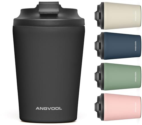 ANGVOOL Insulated Coffee Cup Travel Mug for Hot Drinks, Leakproof Stainless Steel Thermal Flask for Tea (Black, 350ml)