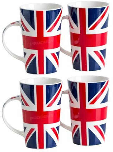 Darthome Set of 4 Union Jack Flag Tall Latte Mugs 350ml United Kingdom Hot Drinks Tea Coffee Cups