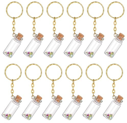 DELORIGIN 12 mini Bouteille de Souhait en Verre de 3 ml Porte Clés Petits Pots avec Couvercles en Liège Bouteilles de Potion Porte Clés Pendentif pour Sac Bricolage Décorations de Fête et de Mariage