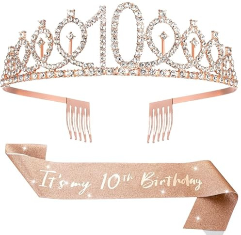 BOBOZHONG Rose Gold Glitzer Sash & Strasskrone für 10. Geburtstag – 'It's my 10th Birthday' Set mit verstellbarer Krone & Sash (63 Zoll), elegantes Geschenk, Geburtstagsdekoration & Partyzubehör