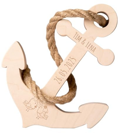 Hochzeitsgeschenk Personalisiert | Holz-Anker mit Gravur Namen und Datum | Hölzerne Hochzeit Geschenk 5 Hochzeitstag Jahrestag | Geschenk Hochzeit maritim | Schiffsanker Dekoration Deko | Motiv Vögel