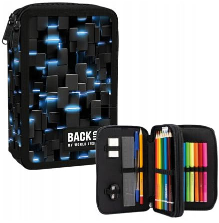 Goldkids - Federmäppchen 2 Fächer - Mäppchen für Mädchen und Jungen - Federmappe 2-Fach Federtasche Gefüllte Schüleretui Schulmäppchen und Hausaufgabenheft - Neonfarbenes blaues Muster