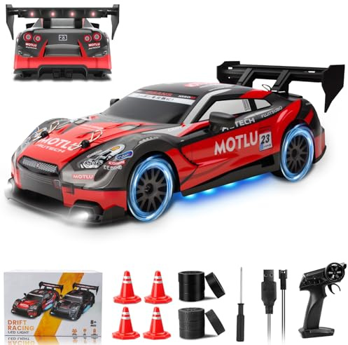 SGZIOO 1:24 Mini Drift Auto Ferngesteuert, 4WD RC Drift Car, Ferngesteuertes Auto Drift mit LED Leuchten, 20 km/h Mini Drift Car mit 2,4 GHz Fernbedienung, 4 Reifen und 4 Straßensperren (Rot)
