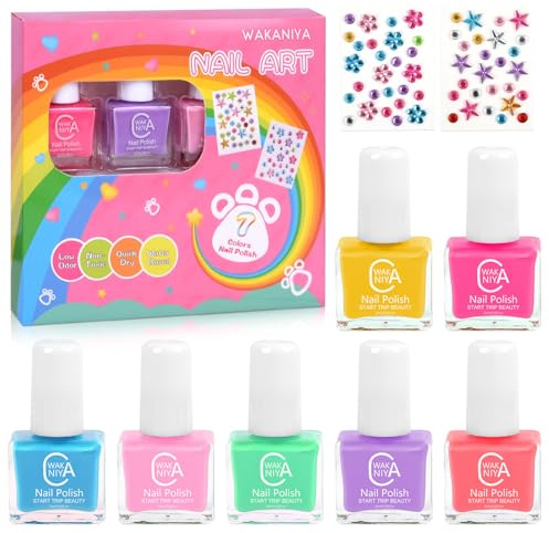 Kinder Nagellack - Peel Off Ungiftig Nagellack Set für Mädchen mit Edelsteinen Aufkleber, 7 Farben Wasserbasis Schnelltrocknend Kindernagellack Set