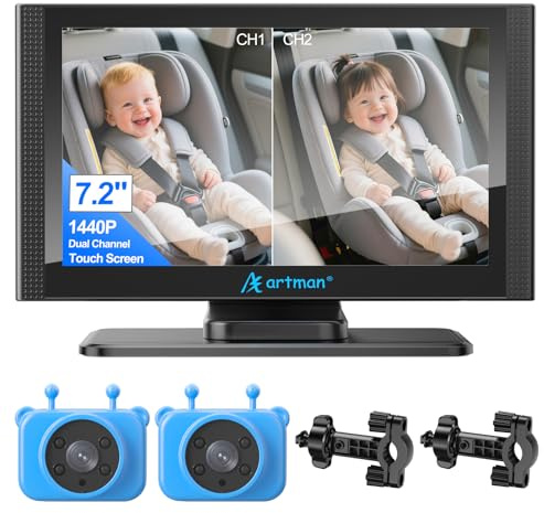 Artman 2-Kids Baby Car Camera, Baby Car Monitor with 7.2'' Split Screen Dual Camera HD 1440P IPS Touchscreen, IR Night Vision & 360° Rotatable, Car Baby Camera Easy Installation for All Cars