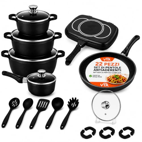 Set di Pentole 22 Pezzi Antiaderenti con Bistecchiera Batteria di Pentole e Padelle con Coperchi in Vetro, Manici Removibili, Mestoli e Accessori in Silicone Per Tutti i Piani di Cottura, Induzione