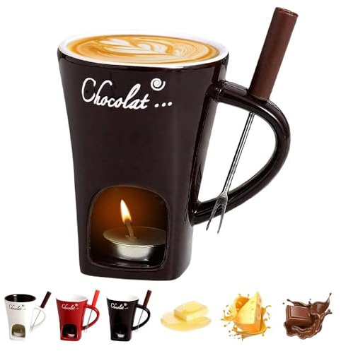 Schokofondue Tasse,Weihnachtstasse Fondue Tasse mit Gabel Schmelztopf für Weihnachtsplätzchen, Fondue Schokolade Mehrzweck Fondue Set für Käse, Butter und Karamell, Geschenke für Mama (coffee)