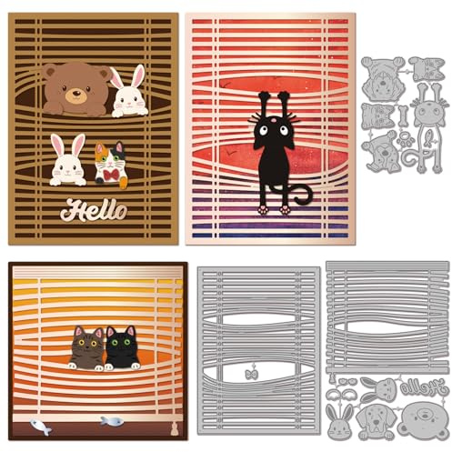 GLOBLELAND Jalousien Tier Metall Stanzschablone Cartoon Katze Und Hund Papierpräge Stanzschablonen Set Fenster Hintergrundrahmen Stanzformen für Kartenherstellung DIY Papier Scrapbooking Fotoalbum