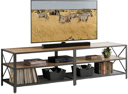 Relaxdays TV-Lowboard, 4 Fächer, offenes TV-Regal bis 75 Zoll, Industrial Style, Fernsehtisch, Größenwahl, braun/schwarz