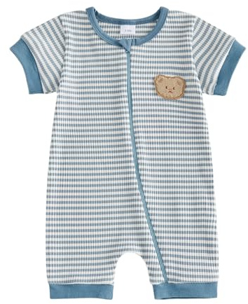 JCOPLY Newborn Baby Grow Boy Romper One Piece Outfit Summer Clothes 0-18M | Infant Boys Playsuit, Cute Bear Embroidery Short Sleeve Zip Up Striped Jumpsuit, Knitted Waffle Overalls, Boys Gifts