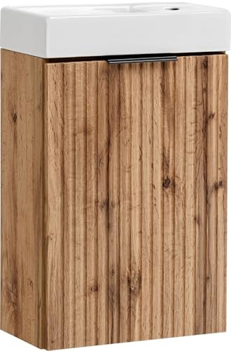 WFL GROUP Waschtischunterschrank mit Integriertem Keramik-Waschbecken – Wandhängend, Geriffelte Soft-Close-Schubladen, Rillenfronten in Eiche Hell Braun – 40 cm Breit
