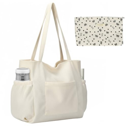 Duronge Cord Tasche Damen, Tote Bag mit Reißverschluss, Große Shopper Tasche Dame, Multifunktional Handtasche Dame, Leicht Strandtasche für Einkauf, Arbeit, Uni, Reisen und Alltag