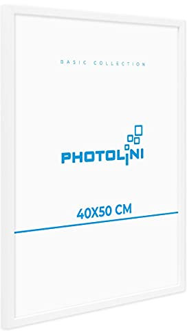 PHOTOLINI Bilderrahmen 40x50 weiß Holz MDF, Bilderrahmen 50x40 weiß mit bruchsicherem Acrylglas, Rahmen 40x50 zum Aufhängen, 50 x 40 frame mit extra Zubehör - picture frames für Fotos & Poster