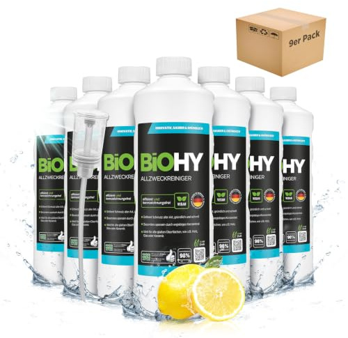 BiOHY Allzweckreiniger (9 x 1L) + Dosierer | Bodenreiniger Konzentrat für Parkett, Fliesen & Hartböden | Reiniger für Wischroboter, Saugwischer & Saugroboter | Schaumarmes, ergiebiges Reinigungsmittel