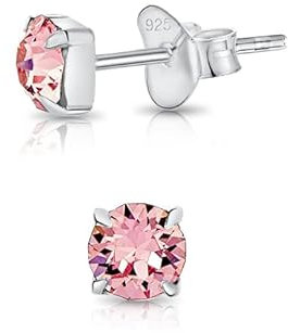 DTPsilver® MINI Boucles/Clous d'oreilles Carrés en Argent Fin 925 et Cristaux de Swarovski® Elements Ronds - Diamètre: 4 mm - Couleur: Rose Clair