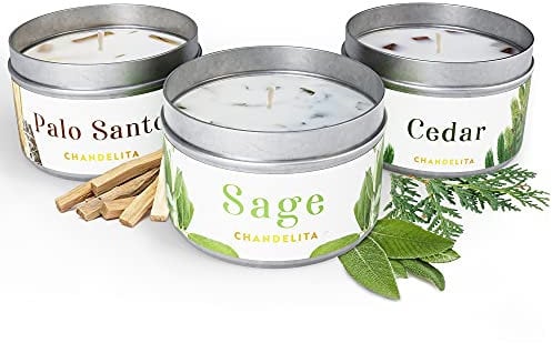 Chandelita Duftkerze mit Salbei, Zedernholz & Palo Santo für Energiereinigung & Entspannung – Duftkerzen aus Sojawachs – Vegane Kerze mit ätherischen Ölen – Gegen Müdigkeit & Überdruss – Chakra Candle