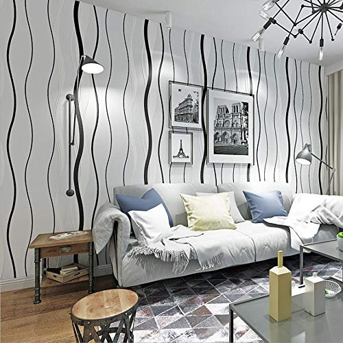 DAWEI Moderner, minimalistischer, nordischer Stil, geometrisches Wellenmuster, Vlies-Tapete, schwarz-weiß, vertikale Streifen, für Schlafzimmer, 1.73 x 32.8 m, nicht gestrichen (cremefarben)