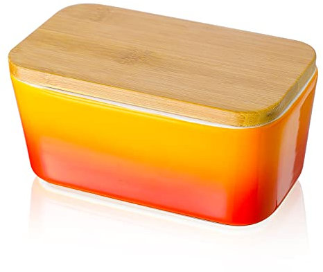 Candiicap Porcelain Butter Dish with Wooden Lid, Airtight Butter Keeper for Countertop, Large Butter Holder for All Types of Butter(Tropical Orange)