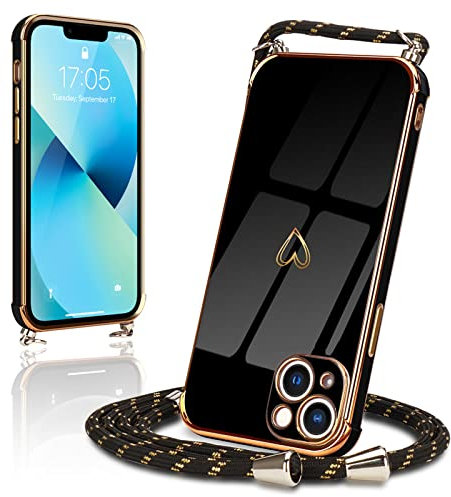 Micoden for iPhone 13 Case Crossbody Lanyard Cord Neck Strap Chain Cute Heart Electroplating for Girls Women Holder with Necklace Silicone Shockproof Cover for iPhone 13 Black