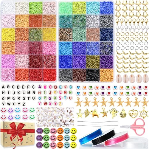 17311pcs 48 Farben Perlen zum Auffädeln, 3mm Rocailles Perlen, Perlen Set, Glasperlen zum Auffädeln, Perlen für Armbänder Ketten Ringe Handykette Schmuckherstellung, Perlenset mit 655pcs Zubehör