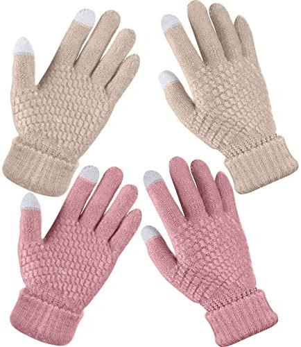 2 Paar Damen Winter Touchscreen Handschuhe Warm Fleece Gefüttert Strickhandschuhe Elastische Manschette Winter Texting Handschuhe, Pink / Beige, Einheitsgröße
