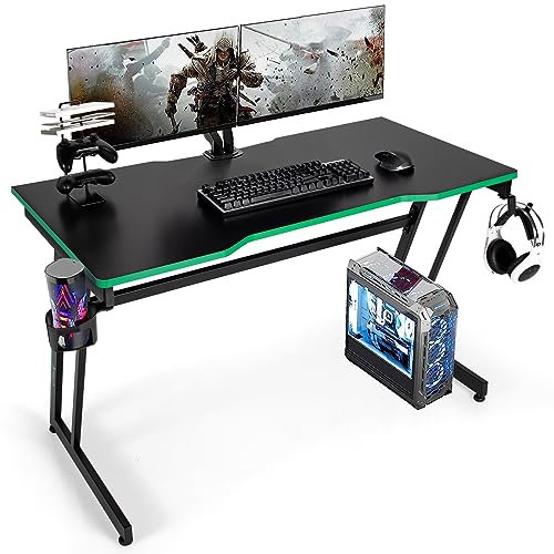 CASART Z-Shaped Computer Desk, 120cm Gaming Table Laptop Desk with Headphone Hook, Cup Holder & Gaming Handle Rack, Home Office Writing Desk (Green + Black)