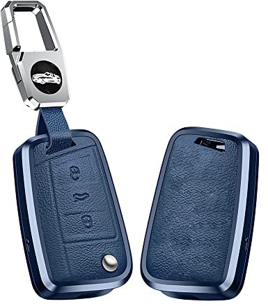 KUNIO Klapp Schlüsselhülle Passt für VW Golf 7 Passat MK7 Passt für Skoda Octavia Combi Superb Kodiaq Aluminiumlegierung Leder Autoschlüssel Hülle Schlüsselanhänger Schlüsseletui 3 Tasten Blau