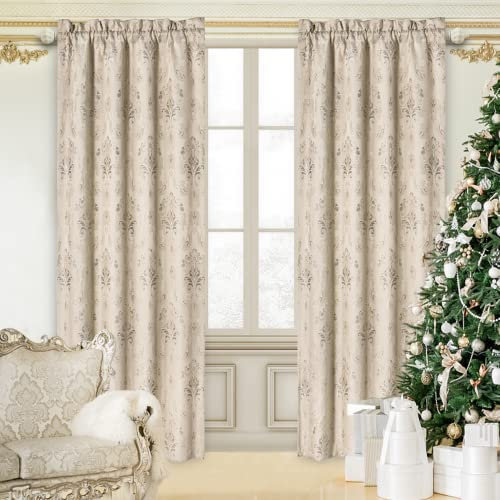 TOPLUXE Blickdichte Vorhänge, Damastvorhänge Thermovorhang Hitzeschutz Verdunklungsvorhänge für Fenster 132x213cm, 2er Set Gardinen mit Raffhalter (Beige)