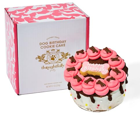 Thoughtfully Pets Hunde Geburtstag Keks-Kuchen - Erdnussbutter-Geschmack - Happy Birthday Kuchen für Hunde - Geburtstagskuchen mit Zuckerguss und Streusel dekoriert - Pink, ca. 15 cm