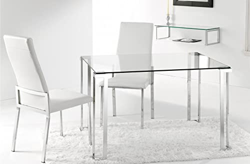 JUANIO Mesa de Comedor Rectangular en Cristal con Patas Cromadas - Longitud 120 X Anchura 80 cm