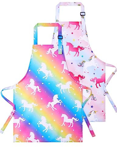 WERNNSAI Kinderschürze - 2 Stück Einhorn Kinder Schürzen Malschürze Kinder Verstellbare Nackenriemen für Mädchen Wasserdicht Kochschürze mit Tasche Kochen Backen Malen Basteln Gartenarbeit