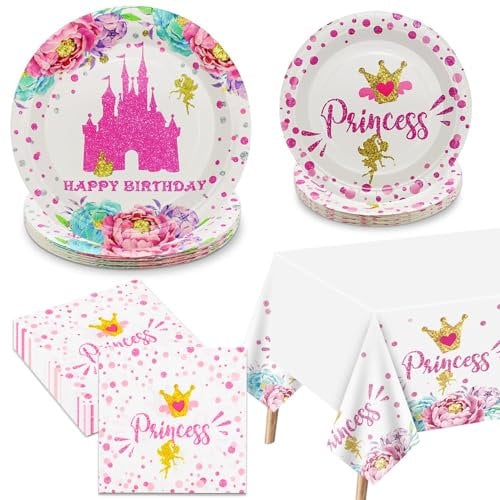 Decoraciones para Fiesta de Princesa - Platos, Servilletas y Mantel de Papel Rosa para Baby Shower y Cumpleaños - Sirve 20