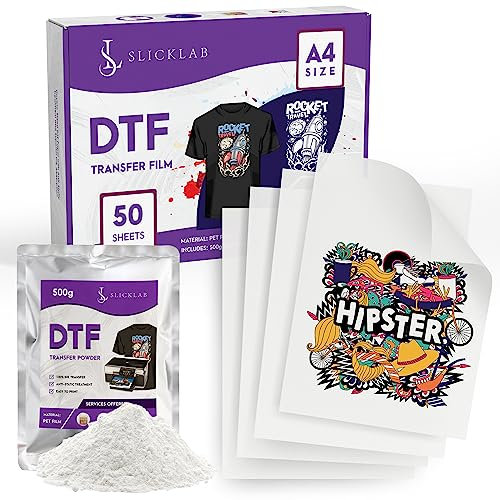 SlickLab A4 DTF Transferfolie und DTF Pulver Bundle - 50 Blatt und 500g DTF Transferpulver für Sublimation - 8,3 x 11,7 Zoll - Doppelseitiges DTF Papier mit hervorragender Tintenaufnahme