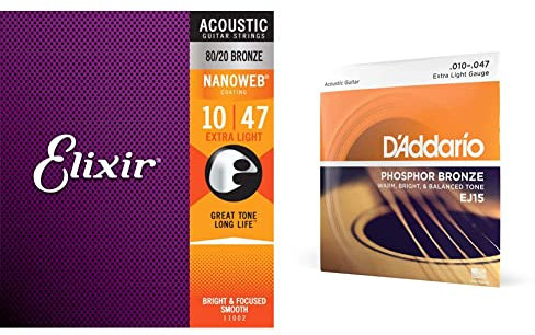 Elixir® en Bronze 80/20 pour guitare acoustique avec revêtement NANOWEB®, Extra Light & D'Addario Cordes Guitare Acoustique | Corde Guitare Folk | EJ15 | Cordes en bronze phosphoreux